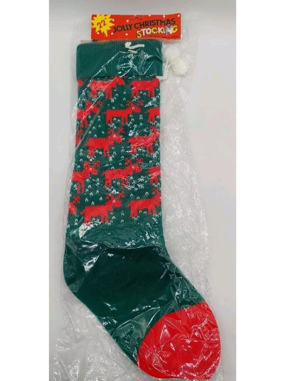 Christmas Stocking 22" Knitted Artmark 1987 Reindeer Green Red Pom Poms Read